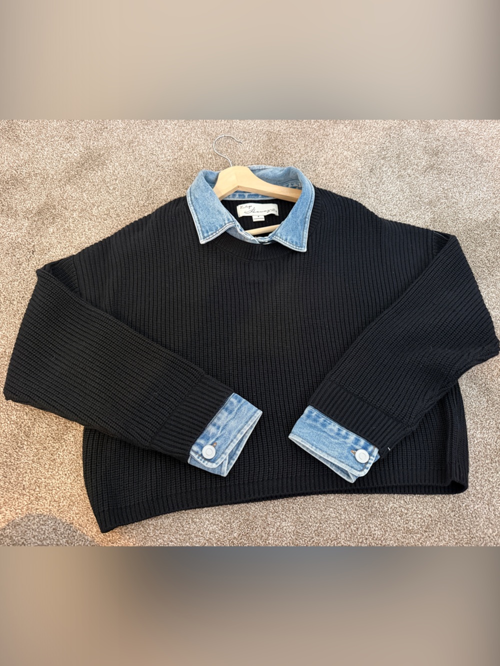 Black Ribbed Sweater with Denim Collar and Cuffs